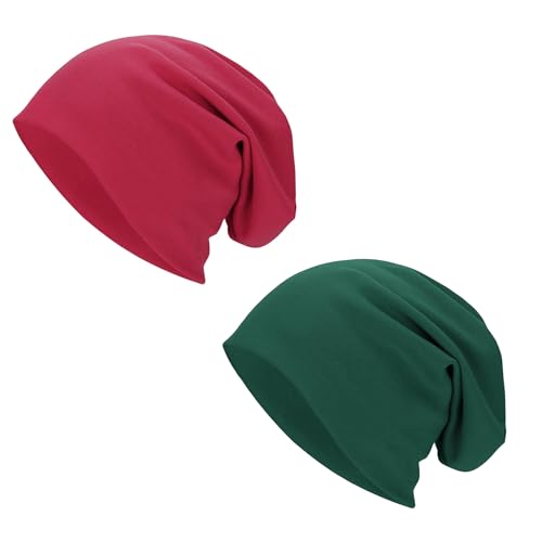 Zando Slouchy Dwarf Beanie Hats for Women Men - Breathable Cozy Cotton Sleep Cap Thin Chemo Headwear for Hip-Pop Halloween - color: Red & Green