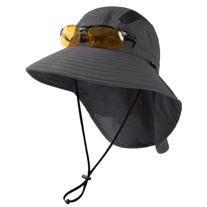 TOP-EX Wide Brim Sun Hat for Men Women with Neck Flap & Sunglass Lock - color: Dark Grey, size: Medium-Large