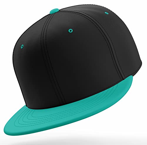 Daxton Classic Blank Snapback Flat Bill Visor Hat Cap One Size Adjustable Back - color: Black Aqua