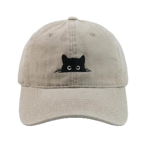 Peeking Black Cat Embroidered Washed Baseball Cap, Adjustable Vintage Dad Hat for Cat Lovers Unisex - color: Beige