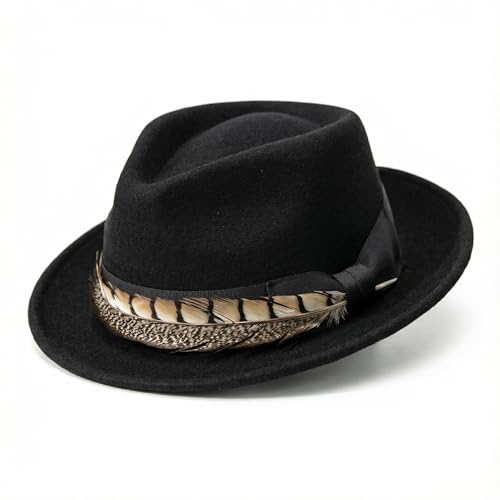 Home Prefer Men's Wool Felt Winter Hat Short Brim Fedora Hat with Feather - color: Black Ring Necked Feather