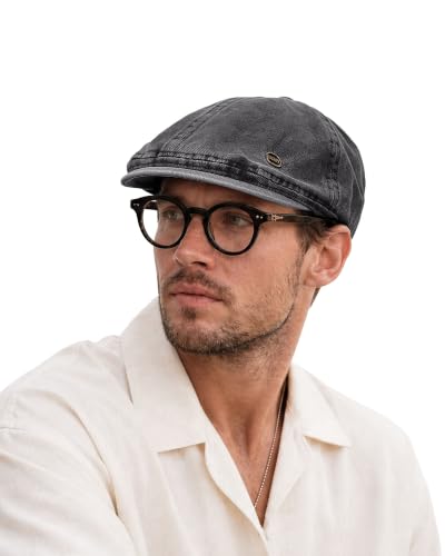 Clakllie Octagonal Newsboy Hat with Chic Stripe Design Herringbone Ivy Cabbie Hat Denim Cotton Gatsby Driving Cap for Daily - color: Nb2610-washedblack
