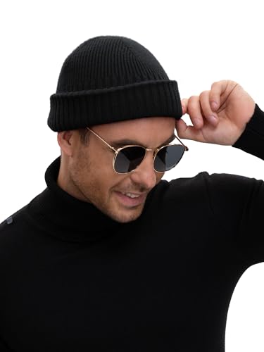 Wool Short Fisherman Beanie for Men Women Double Cuffed Skull Caps - color: 1pcs-black