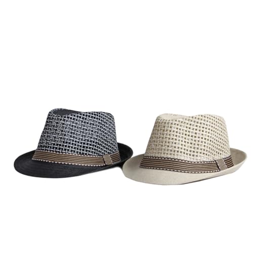 Straw Fedora Hat for Women Men Mesh Trilby Hat Panama Cuban Summer Beach Sun Outdoor - color: Black