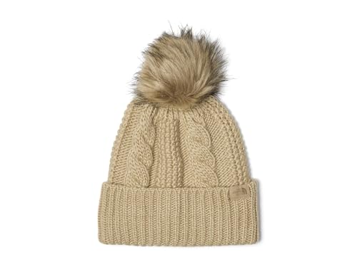 THE NORTH FACE Women's Oh Mega Fur Pom Beanie | Deep Fit Cuffed Winter Hat With Oversized Faux-fur Pom & Cable Detailing - color: Khaki Stone