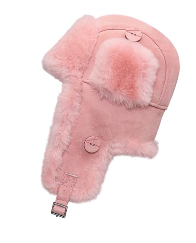 Winter Trapper Fur Hat for Women Men - Trooper Aviator Genuine Leather Shearling Sheepskin Ushanka Hat - color: Pink, size: Small