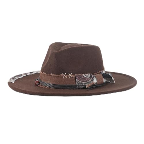Big Brim Fedora Mens Women Boho Hat Handmade Dress Up Hats - color: Brown
