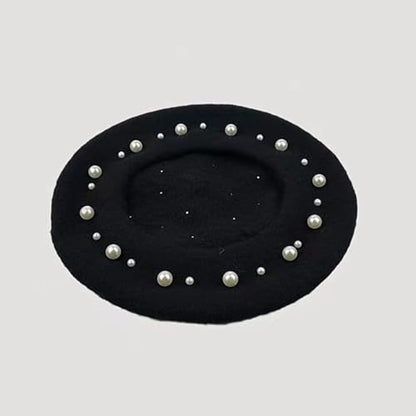 2 Pcs Winter Wool Berets Pearl French Style Beanie Cap Solid Color Winter Hat Beaded Beret Cap for Women and Girls Casual Use （Black, Red）
