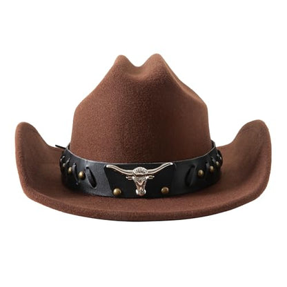Lanzom Cowboy Hat for Women and Men with Shapeable Wide Brim Felt Western Hats for Cowboys and Cowgirls - color: Coffee