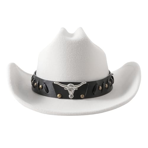 Lanzom Cowboy Hat for Women and Men with Shapeable Wide Brim Felt Western Hats for Cowboys and Cowgirls - color: White