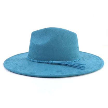 LIDHAY Big Wide Brim Fedora Hats for Women Men Western Suede Hat Large Felt Panama Hat Rancher Hat - color: Blue