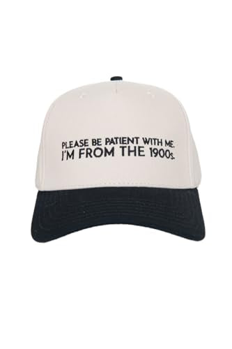 KATYDID Please Be Patient with Me I'm from The 1900s Vintage Hat - Womens Trucker Hat - Embroidered Two-Toned Baseball Cap - color: Black/Tan