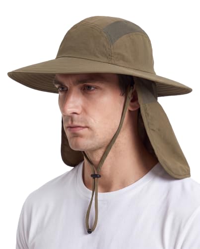 Home Prefer UPF 50+ Sun Hat with Neck Flap Wide Brim Fishing Hat for Men - color: Olive Brown