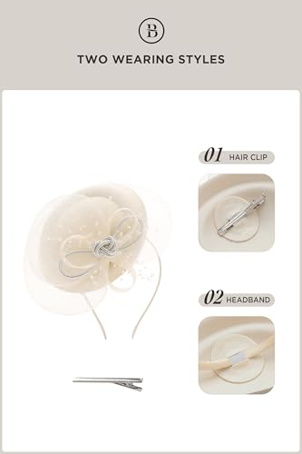 BABEYOND Fascinators Hats for Women Tulle Pillbox Knot Bead Tea Party Hat - color: Beige