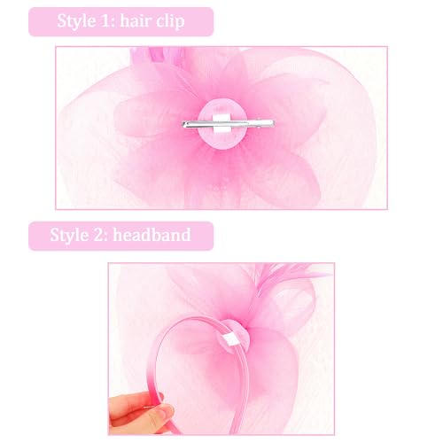 Womens Fascinators Mesh Hats Tea Party Hats for Women Feather Veil Headband - color: Pink