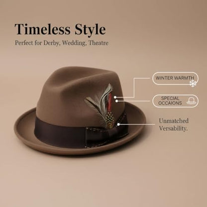 Home Prefer Men's Wool Felt Winter Hat Short Brim Fedora Hat with Feather - color: Brown
