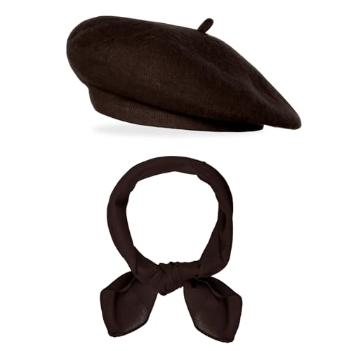 Classic Beret Hats for Women French Beret Hats Costume Accessories Painter Artist Cap with Scarf - color: Coffee