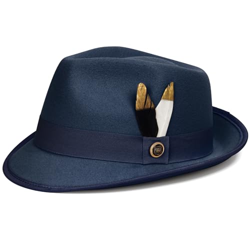 Fedora Hats for Men & Women Short Brim Felt hat Trilby Fedora with Feather Panama Dress Hat - color: Navy, size: Large