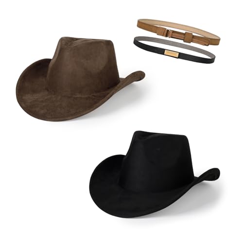 2 Pack Western Cowboy Hats for Women Men 2 Different hat Bands - color: Black+coffee