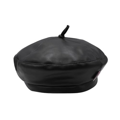 Women Classic PU Leather French Beret Beanie Hat Pumpkin Cap - color: Black C#