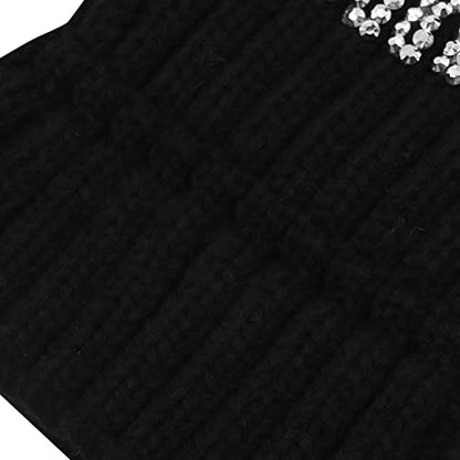 Women Sparkly Sequins Knitted Beanie Hat Warm Winter Skull Cap with Faux Fur Pom Pom - color: Black Rhinestone