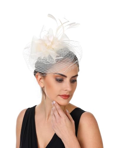 SAFERIN Women's Fascinators Feathers Tea Party Hat Veil Headband with Hair Clip for Cocktail Church - color: St01-beige