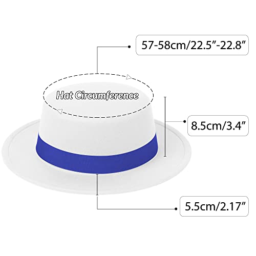 Classic Fedora Hat Two Tone Flat Top Hat with Band Wide Brim Pork Pie Hat Adjustable Patchwork Colors Panama Hat - color: White-blue