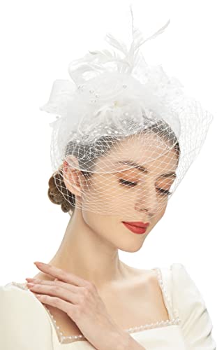 Kentucky Derby Fascinators for Women High Tea Party Hat Wedding Cocktail Flower Headware with Mesh and Feathers - color: A-white