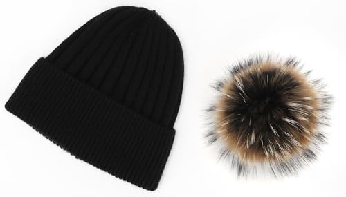 Women's Winter Ribbed Cuffed Beanie Skull Cap with Genuine Raccoon Fur Pom - color: Black Yellow 3