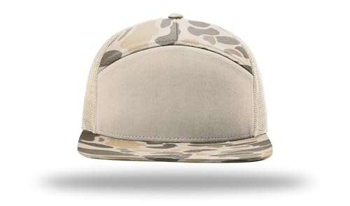 Richardson 168 168P Hat 7-Panel Trucker Cap Hi-Pro Snapback Cap Camo Hat Adjustable Baseball Hat Blank Hat Bulk Hats - color: Harvest Duck Camo/Sandstone