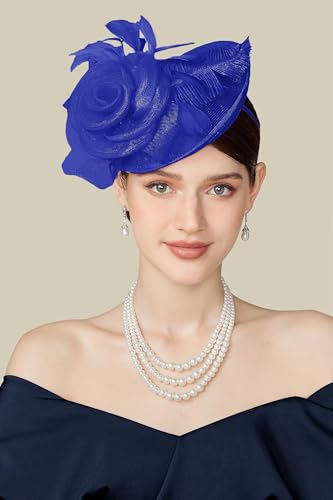 BABEYOND Fascinators Hats for Women Tea Party Mesh Flower Pillbox Derby Hat - color: Royal Blue