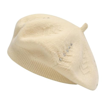 ZLYC Women French Beret Hat Reversible Solid Color Knit Warm Artist Cap - color: Rhinestones Beige