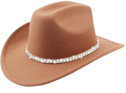 DRESHOW Western Cowboy Hat for Women and Men Wide Brim Glitter Cowboy Cowgirl Hat with Rhinestone Felt Fedora Hats - color: 1 Pack Style 10: Khaki