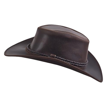 Sidewinder Mens Cowboy Leather Hat Western Style Unisex Shapeable Outback Classic Braided Hatband - color: Dark Brown, size: Medium