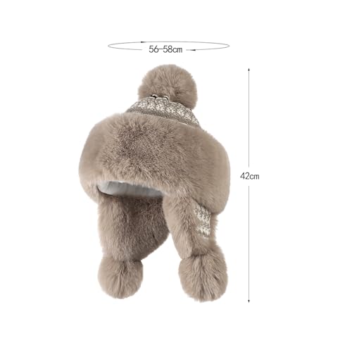 Warmer Faux Fur Trapper Hat for Women, Furry Warm Mongolian Russian Skiing Winter Cold Windproof Earflap Outdoor Cap - color: Khaki 01