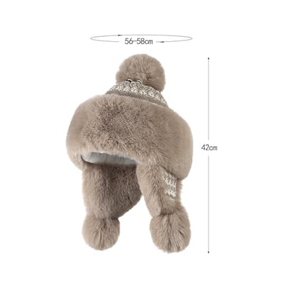 Warmer Faux Fur Trapper Hat for Women, Furry Warm Mongolian Russian Skiing Winter Cold Windproof Earflap Outdoor Cap - color: Khaki 01