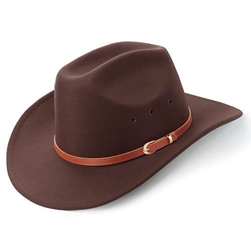 AQOKKA Western Cowboy Hats for Women Classic Felt Wide Brim Fedora Hat with Belt Buckle Retro Panama Hat Unisex Rolled up Cap - color: K-fedora Hat : Coffee, size: Medium