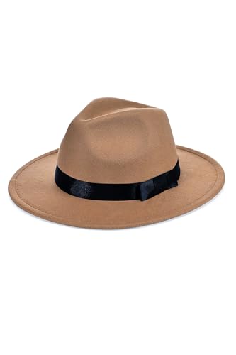 BABEYOND 1920s Fedora Hat for Men Gatsby Wide Brim Hat Felt Panama Cap - color: Camel