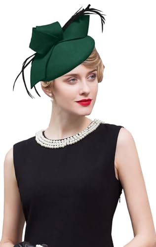 Women's Vintage 100% Wool Felt Cloche Bucket Bowler Hat Winter Vintage Bow Fedoras Church Fascinator - color: 01-green