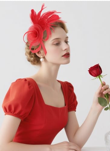 Zinniday Victorian Feather Fascinators Hats - 2025 Derby Attire Headwear with Hairpin,1920s Tea Party Hat for Woman - color: Red