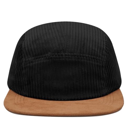 CLAPE 5 Panel Baseball Cap, Breathable Moisture-Wicking Corduroy Flat Brim Snapback Trucker Hat Adjustable Vintage Dad Hat - color: D5ph05-black