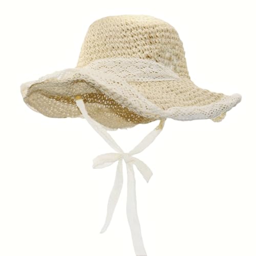 Ladies Wide Brim Beach Straw Hat Summer Vacation Sun Protection Hat Braided Lace Edge Hat Soft Foldable Lightweight - color: Beige