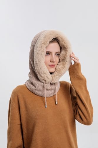 Womens Winter Hats, Warm Hooded Scarf Hat for Women, Fleece Beanie Hat with Drawstring, Balaclava Knit Skull Cap - color: Beige
