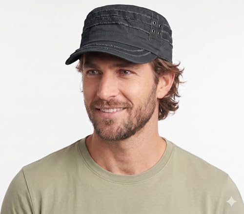 D&Y Unisex 100% Cotton Military Cadet Hat - Distressed Frayed Flat Top Cap - Adjustable Everyday Patrol Hat - color: Dark Gray