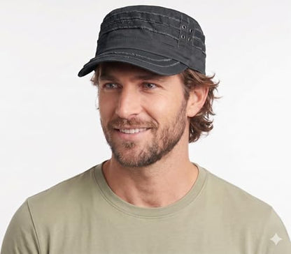 D&Y Unisex 100% Cotton Military Cadet Hat - Distressed Frayed Flat Top Cap - Adjustable Everyday Patrol Hat - color: Dark Gray