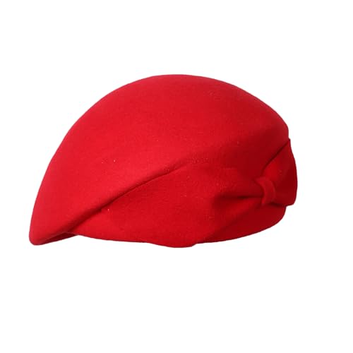 Womens Wool Felt French Berets Pillbox Hat Vintage Beanie Beret Bowknot Cap - color: 1 Red
