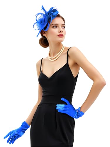 2Pcs 50s Fascinators Hats for Women Wedding Cocktail Flower Mesh Ribbons Feathers Church Tea Party Hats and Lace Glove - color: Blue