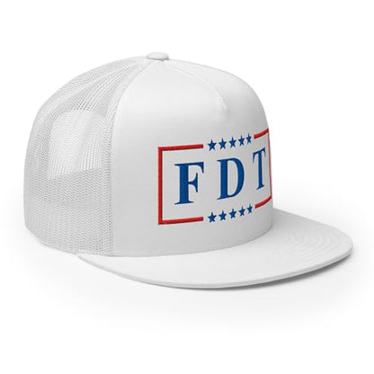NX FDT Embroidered Flat Bill Trucker Hat High Crown Adjustable FDT Hat - color: White