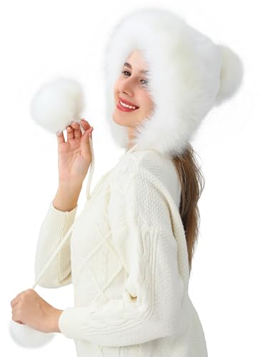 LA CARRIE Women's Faux Fur Hat with 3 Pom Pom for Cold Winter SKI Earflaps - color: White