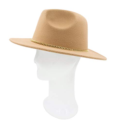 Premium 3" Wide Brim Solid Color Felt Gold Chain Fedora Panama Hat - color: Tan